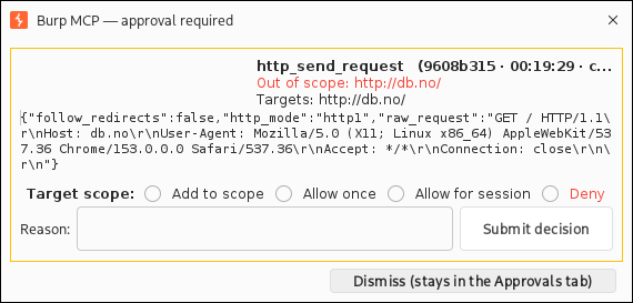 Approval popup: allow once, allow for session, or deny with a reason