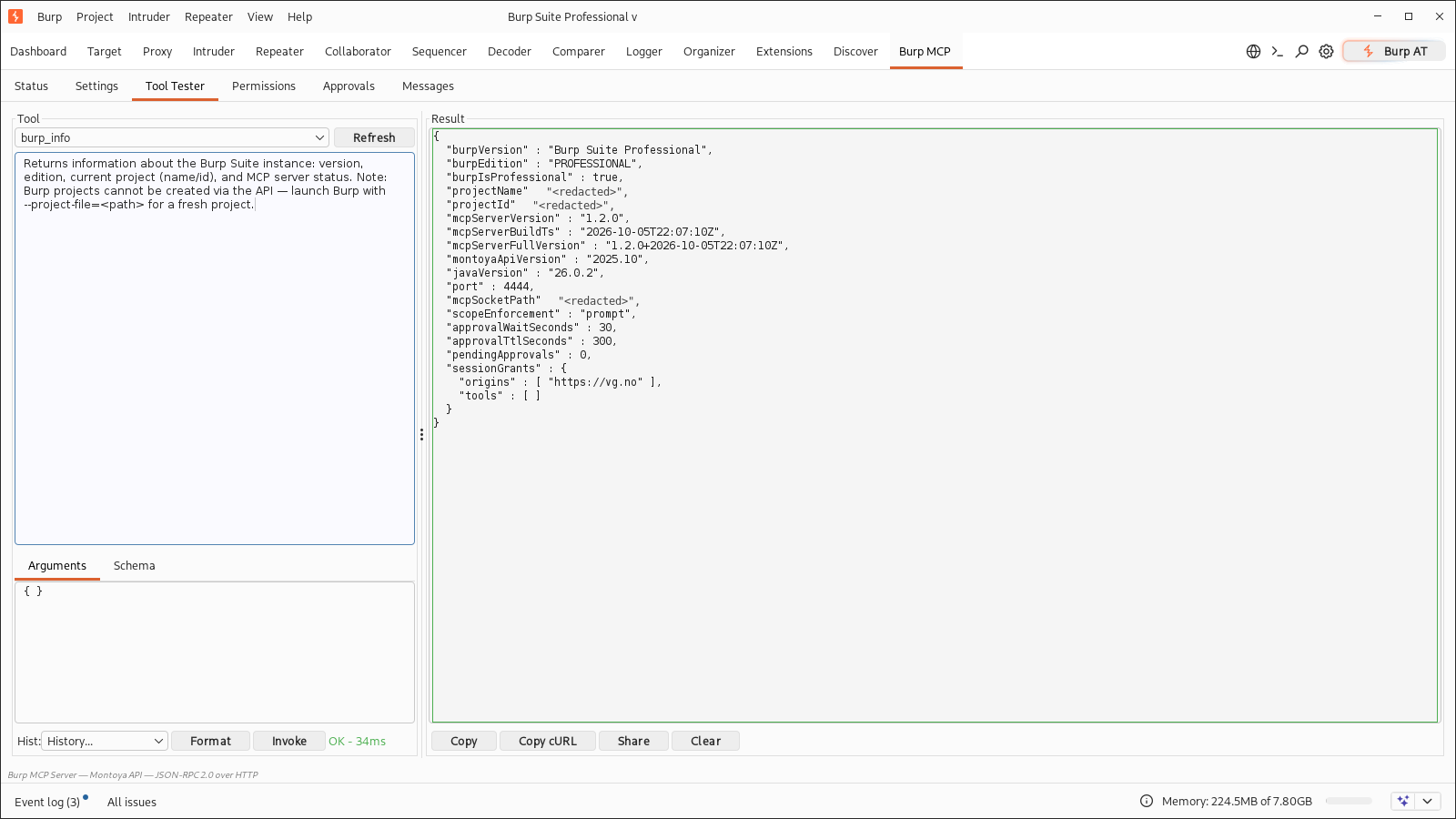 burp_info output with scope enforcement and approval fields