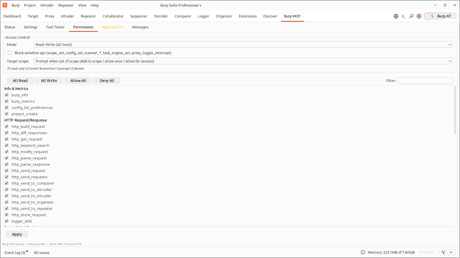 Permissions tab: modes, per-tool policies, and target-scope enforcement