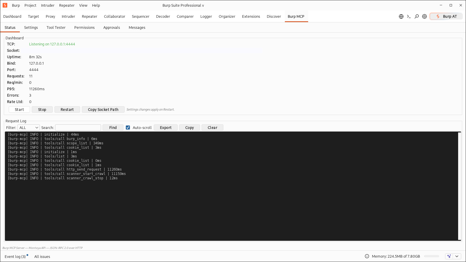 Burp MCP Status tab: listeners, metrics, and request log
